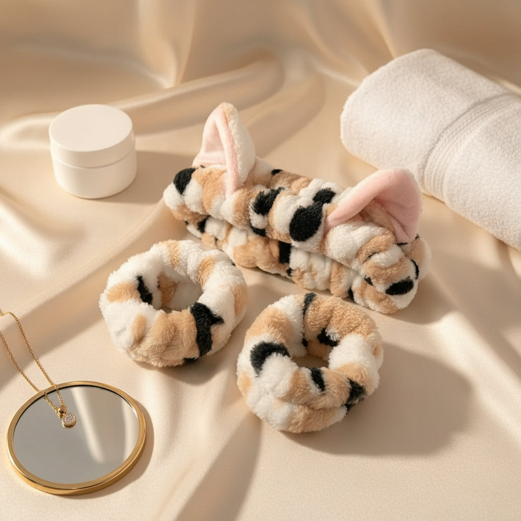 Bandeau Oreilles de Chat + Poignets Éponge – Ensemble SPA et Soin du Visage