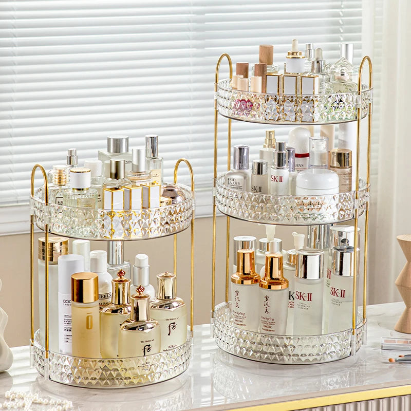 Organisateur Cosmétique Rotatif 360° à 3 Niveaux – Design Diamant Transparent et Doré