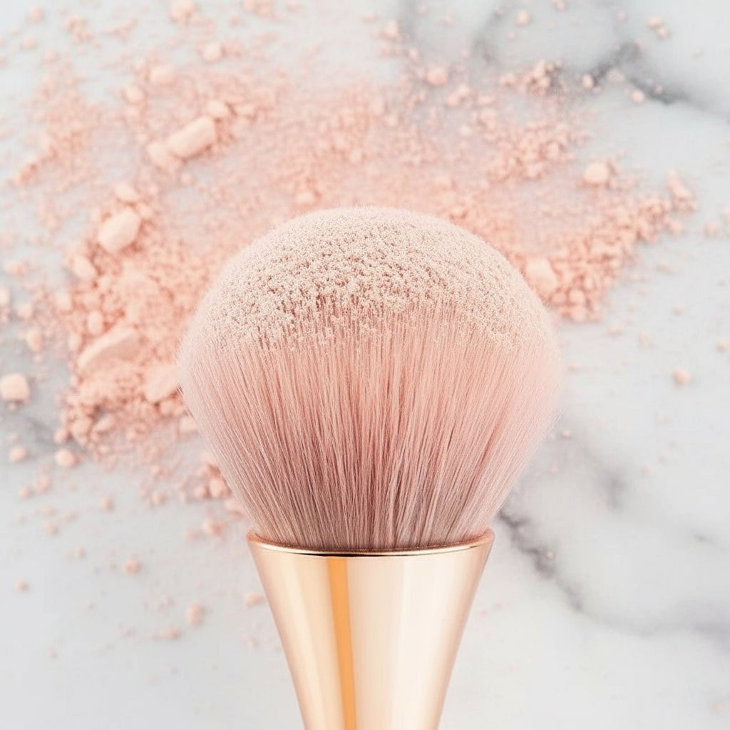 Pinceau Éventail Rose Doré – Pinceau Doux pour Poudre, Blush et Enlumineur