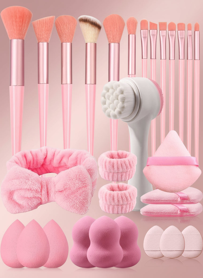 Coffret Beauté 29 Pièces – Set 13 Pinceaux de Maquillage, 12 Éponges, Brosse Nettoyante, Bandeau et Poignets